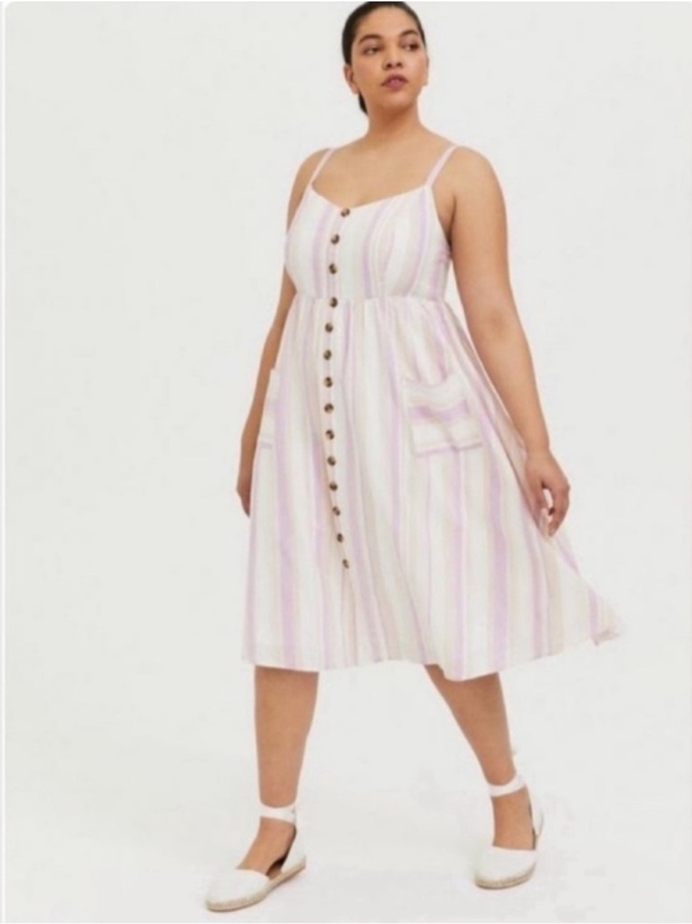 Torrid Midi Dress Sz 00 (10/M) Striped Smocked Sundress Linen Blend Button Front